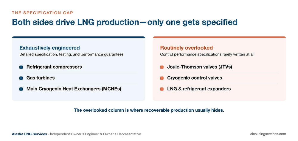 Comparison showing LNG equipment specification attention: compressors, gas turbines, and MCHEs receive detailed specification and performance testing while Joule-Thomson valves, cryogenic control valves, and expanders rarely receive control performance specifications — Alaska LNG Services